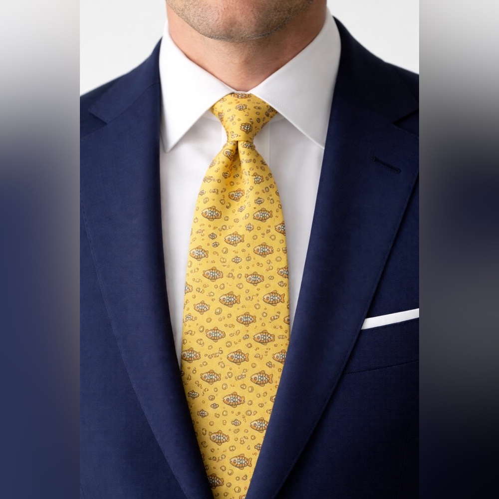 Hermes Paris Tie 100% Silk Fish Pattern Elegant Luxury Formal